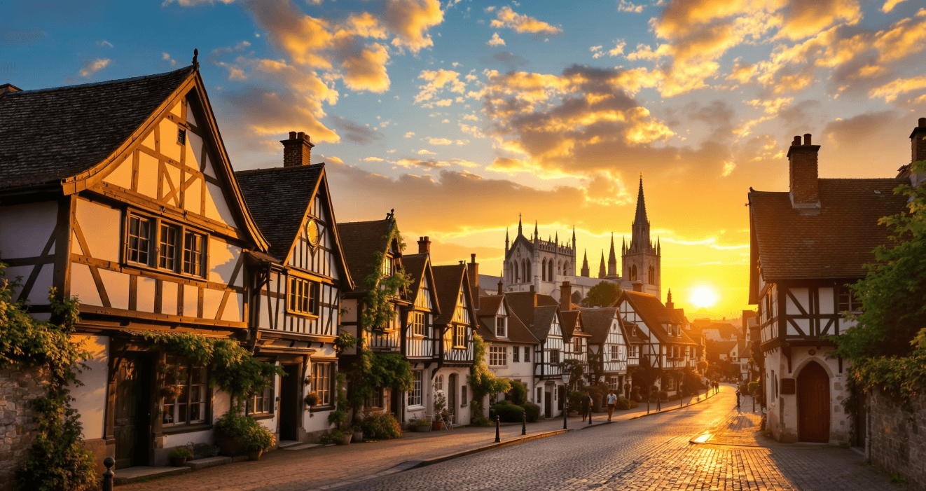 Bayeux Old Town with cathedral at sunset in Normandy