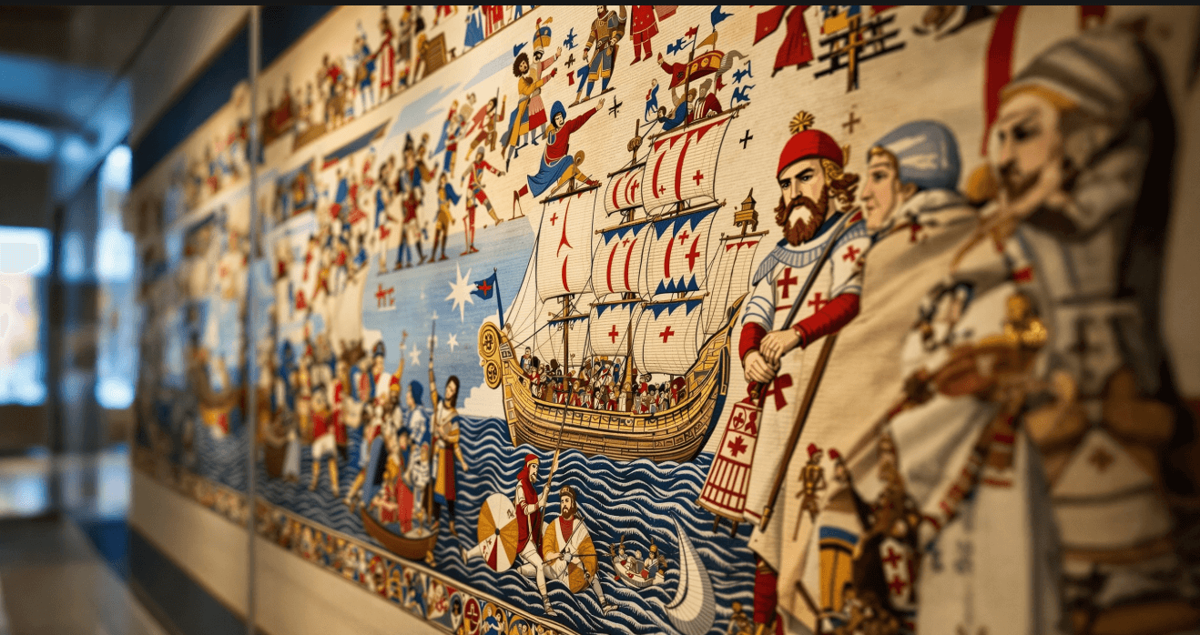 Close-up of Bayeux Tapestry showing Norman ships and soldiers