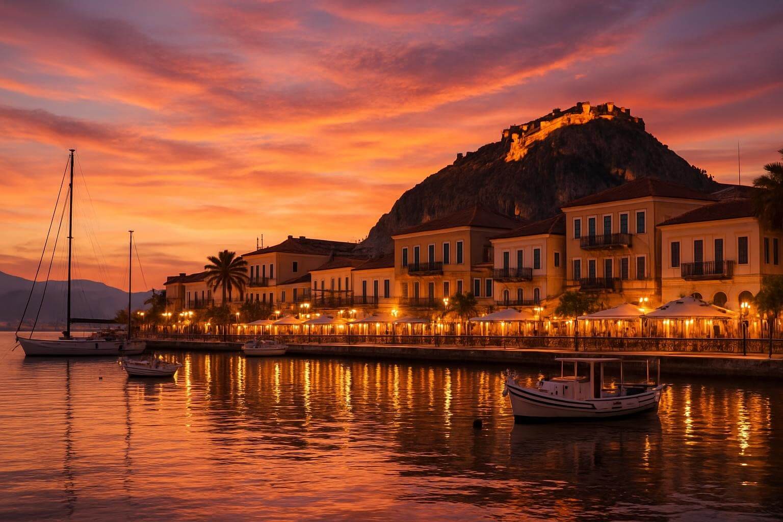 A panoramic view of Nafplio harbor at sunset, Greece. Traditional tavernas with warm glowing lights line the waterfront promenade