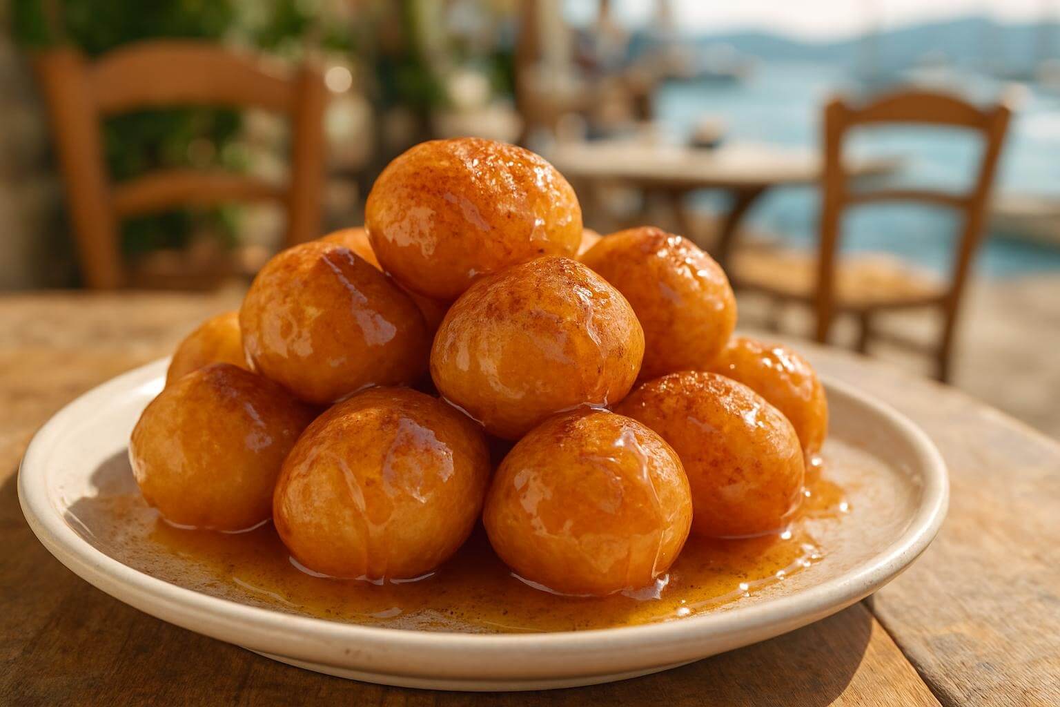 freshly made loukoumades (Greek honey donuts), golden and crisp, generously drizzled with honey and sprinkled with cinnamon