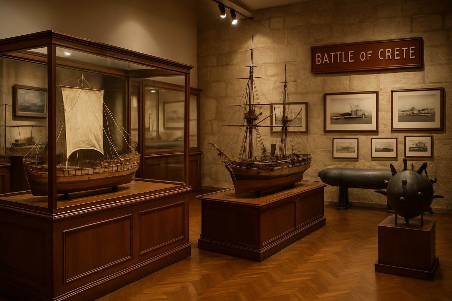 n interior photo of the Maritime Museum of Crete in Chania, showcasing detailed historic ship models and World War II naval artifacts