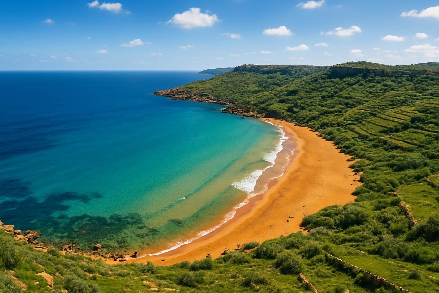 Panoramic view of Ramla Bay's red sand and turquoise water