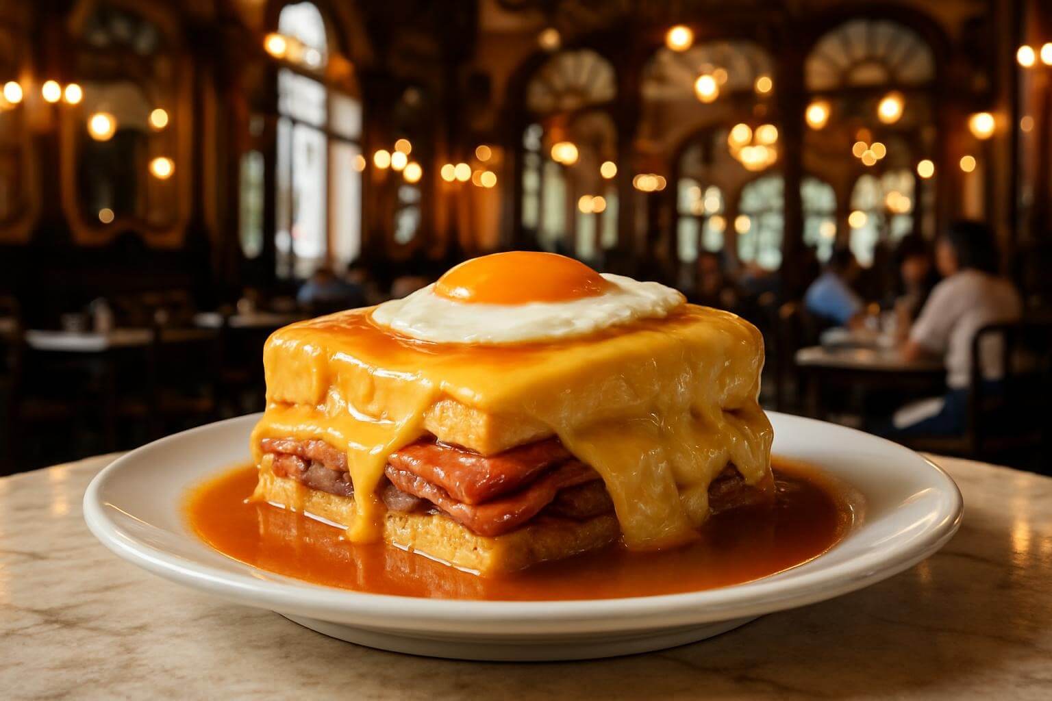 Porto’s iconic francesinha, elegantly presented on a pristine white plate at the historic Café Majestic.