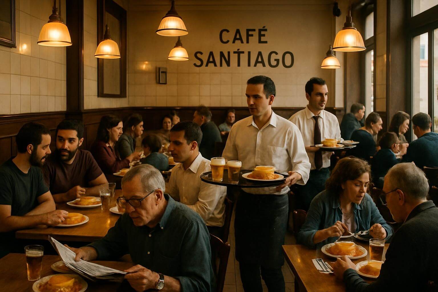 Café Santiago in Porto, Portugal, during a busy lunchtime rush