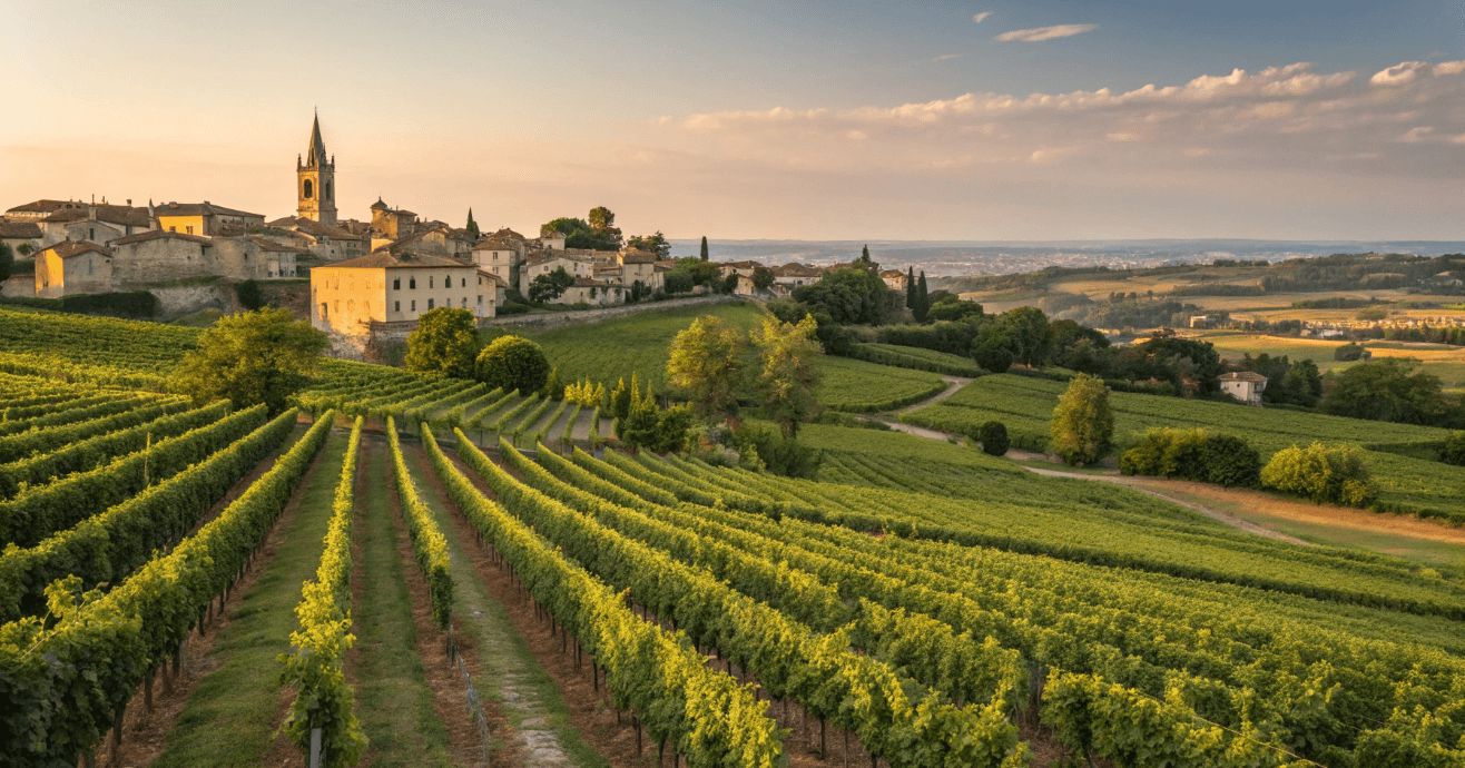 Vineyards in Saint-Émilion, with the medieval town in the background