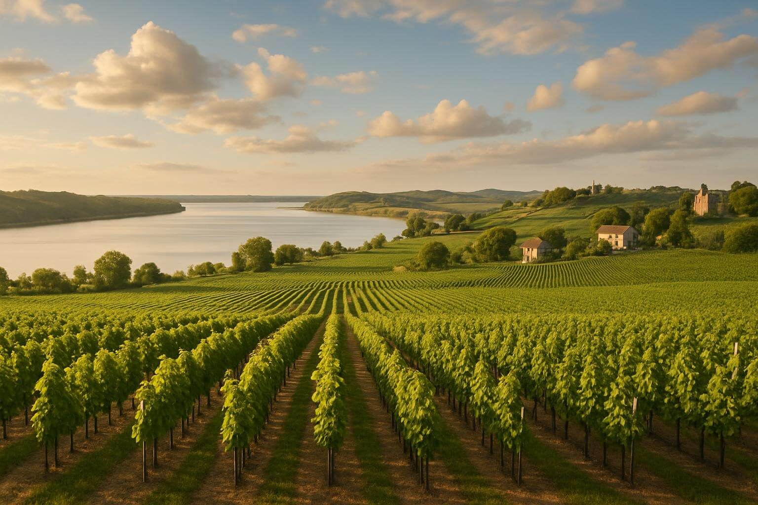 Panoramic view of Bordeaux vineyards near the Gironde estuary