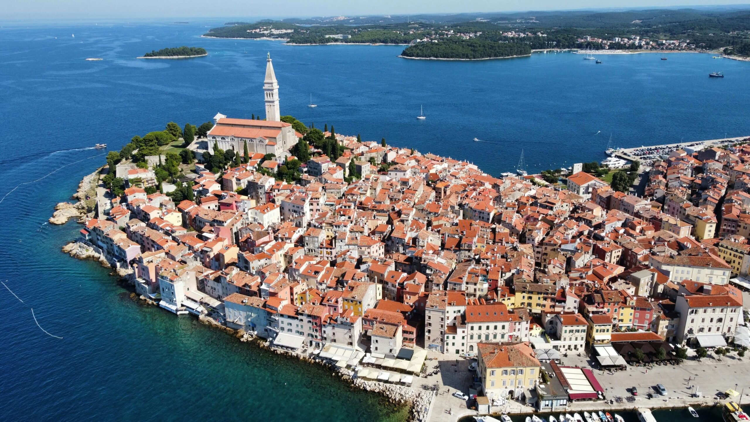 Aerial view of Rovinj Croatia, popular for kayaking along the coastline