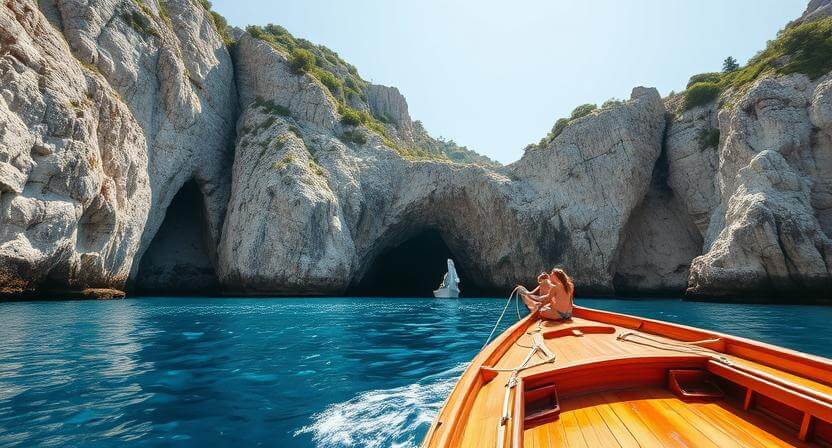 Croatian wooden boat approaching the Blue Cave entrance with tourists aboard
