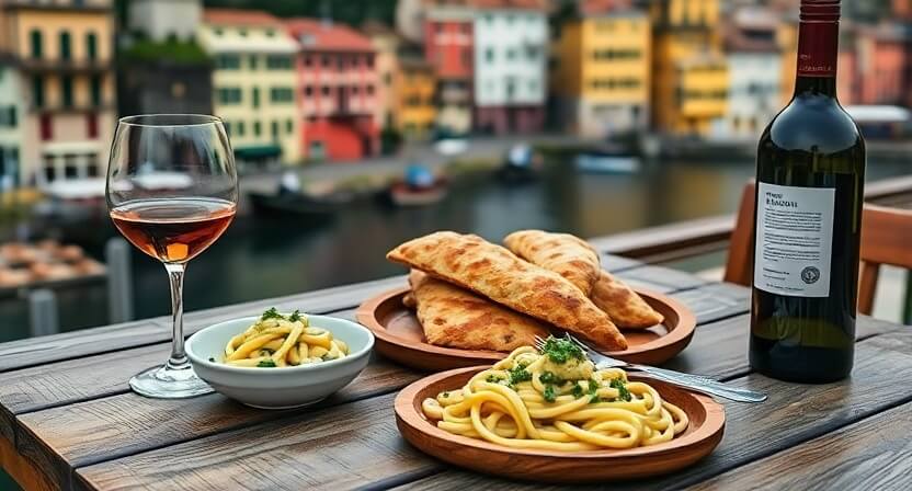 Ligurian focaccia, trofie al pesto pasta, and glass of Sciacchetrà wine