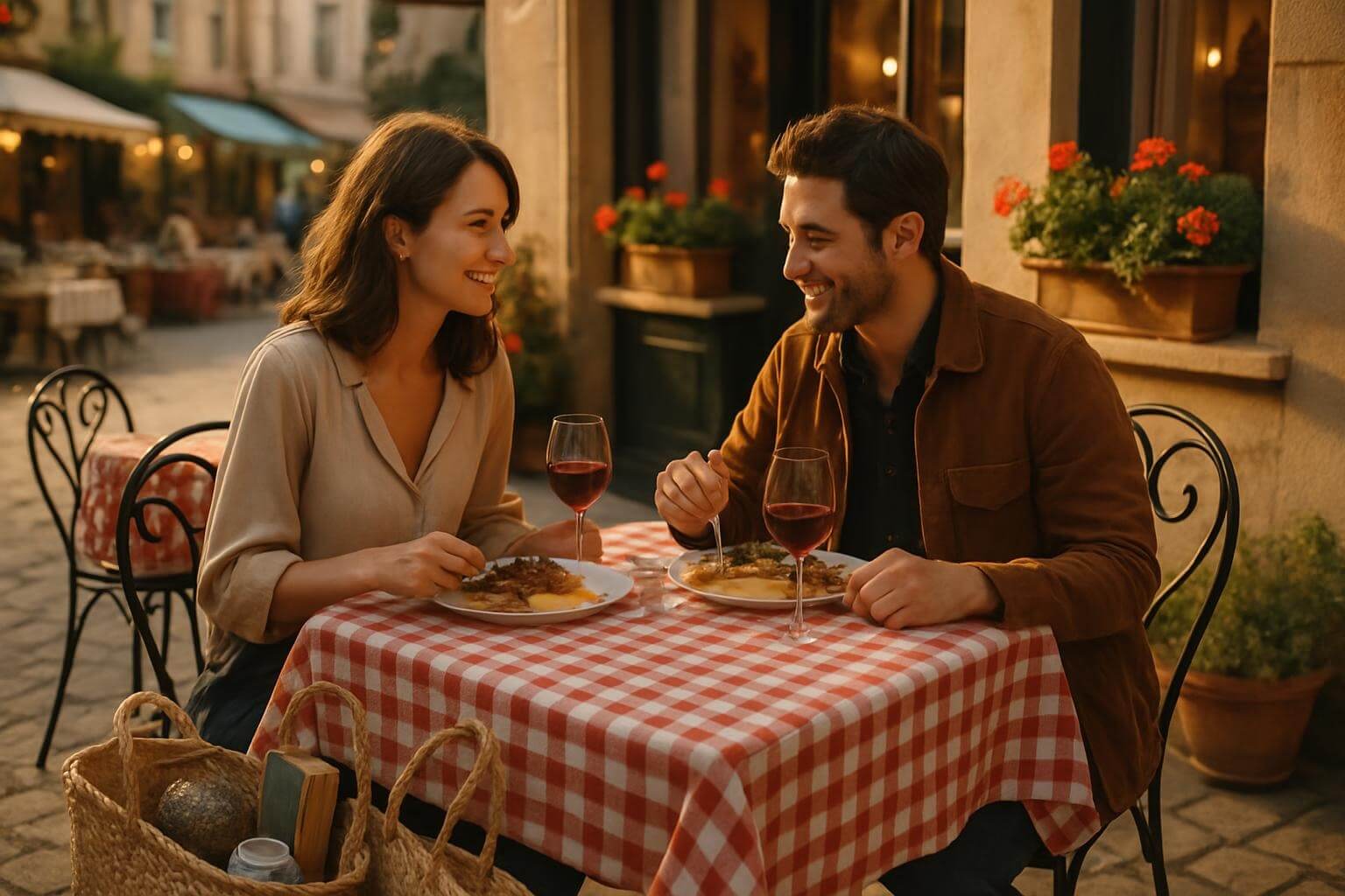 Tourists enjoying French bistro lunch after flea market shopping vintage purchases Nice