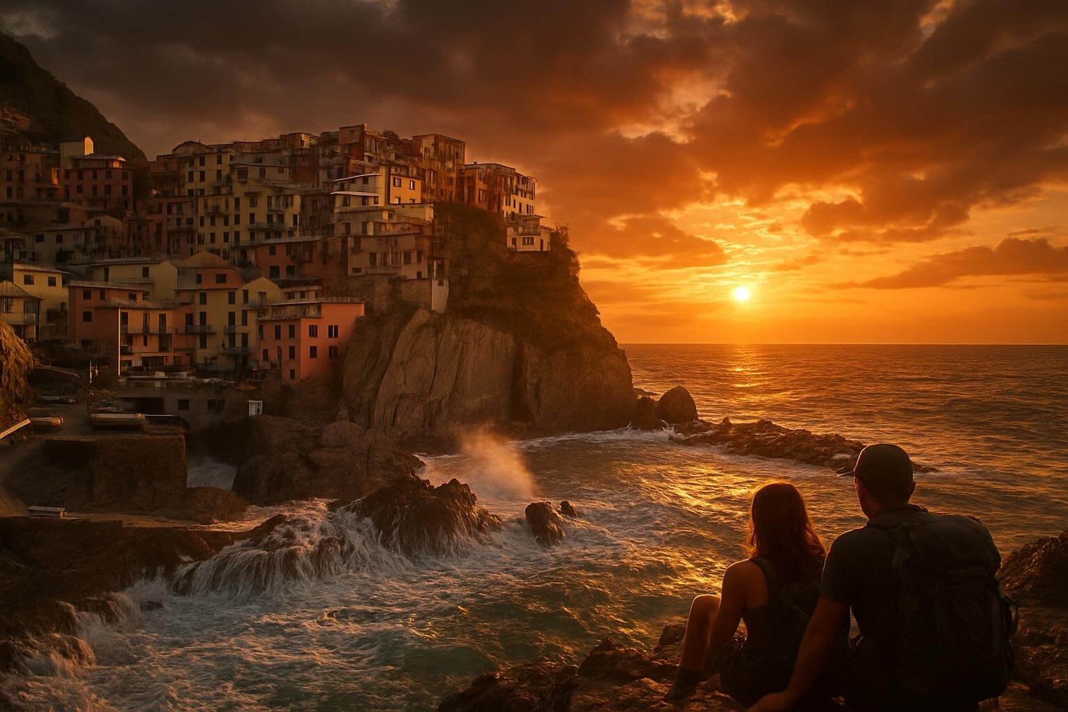 sunset over Manarola village, warm golden glow on pastel houses