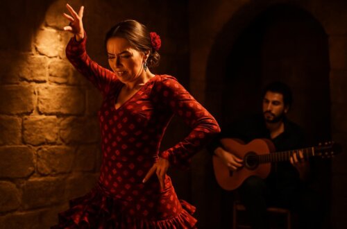 Passionate flamenco dancer performing in authentic Sevilla tablao