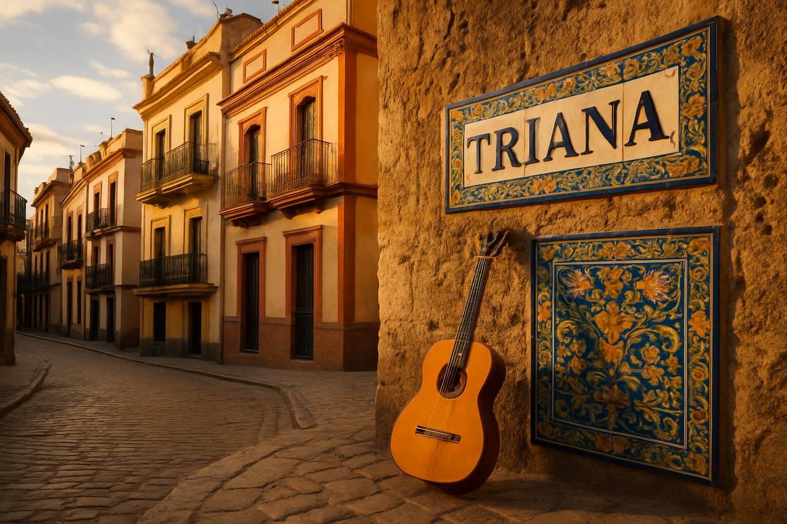 Traditional Triana neighborhood architecture with flamenco guitar