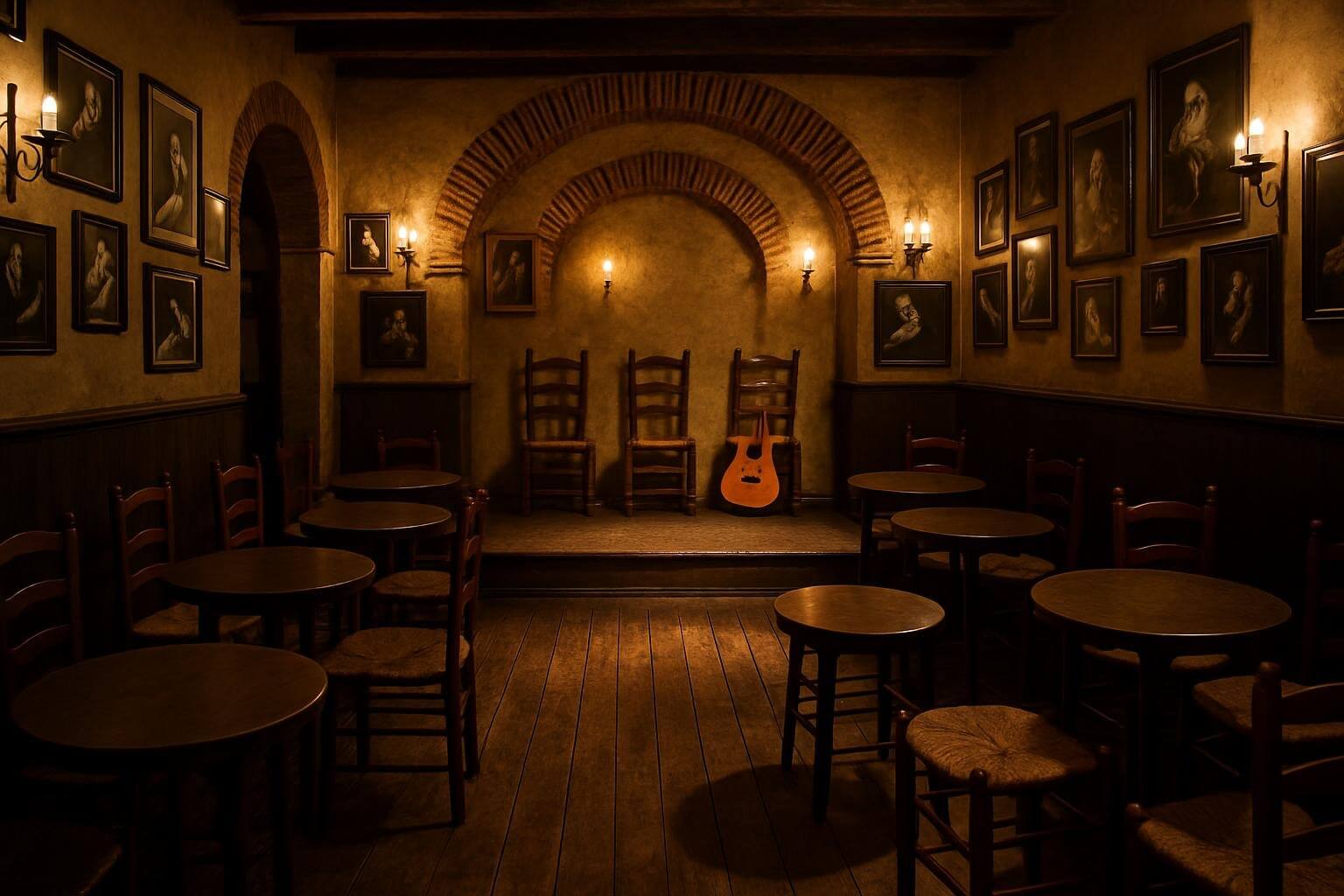 Intimate tablao interior with vintage flamenco photographs