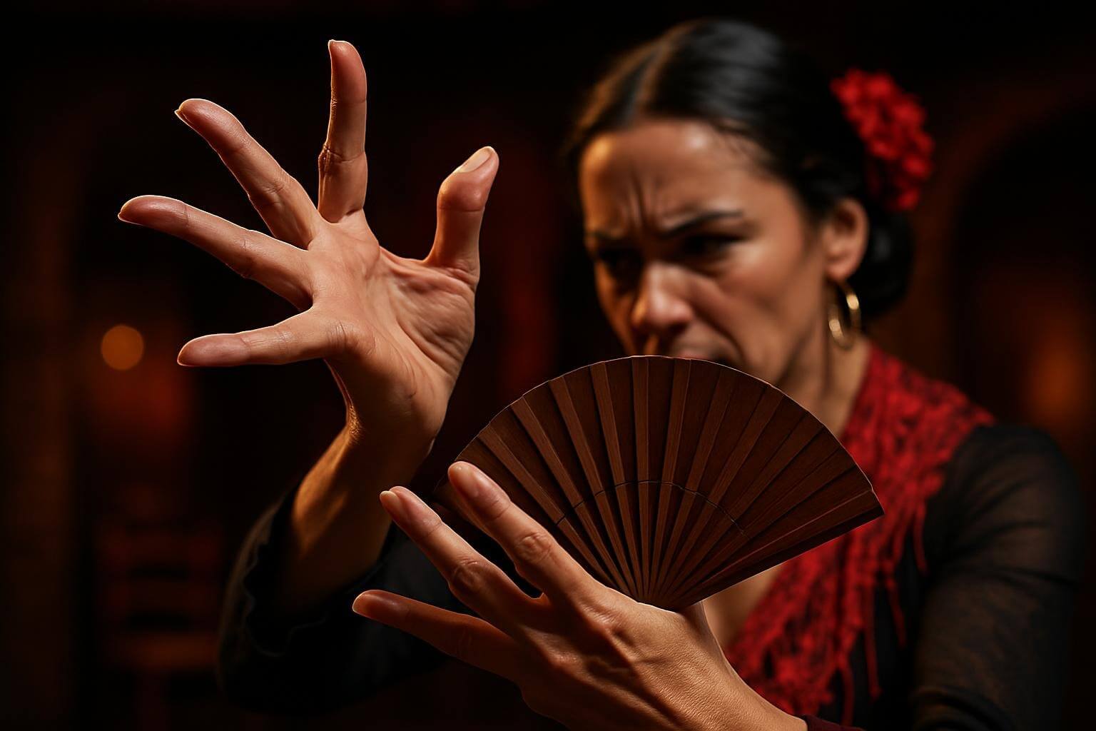 Flamenco dancer hands in motion with traditional fan