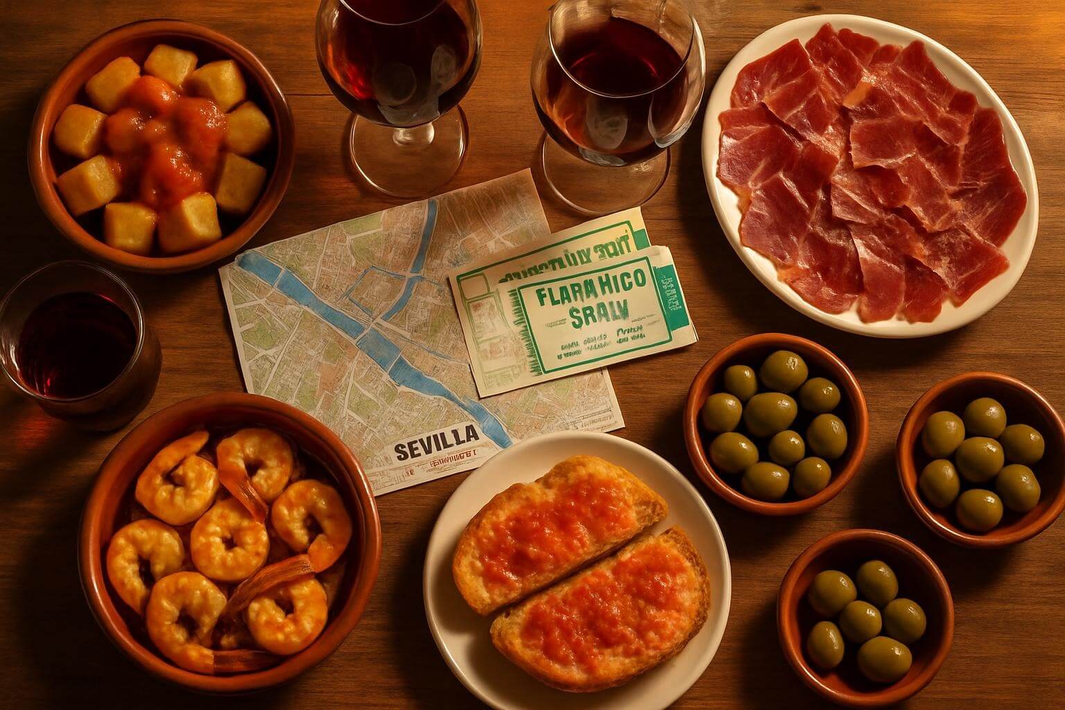 Sevilla tapas table with flamenco tickets and wine