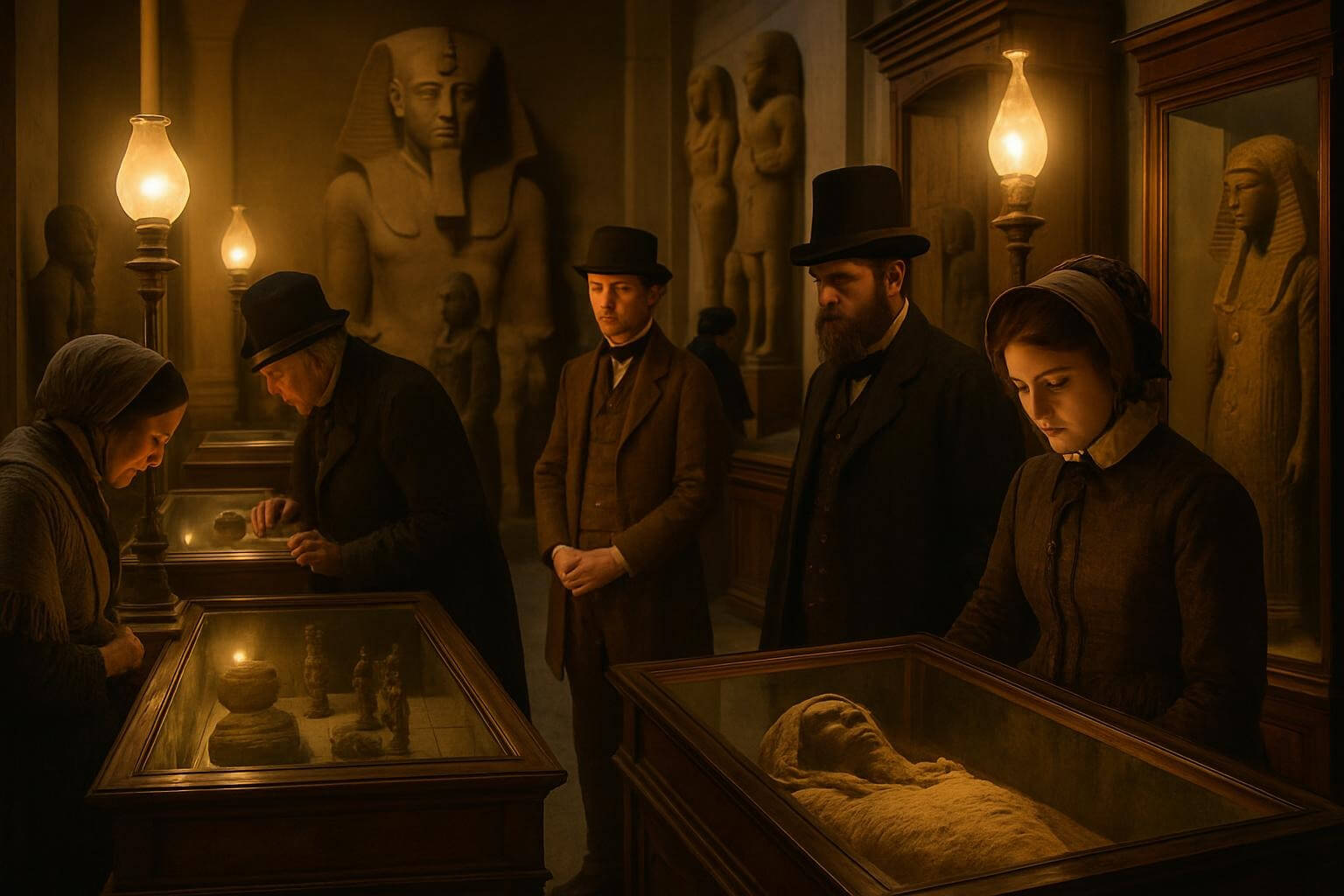 19th-century museum visitors in period clothing examining Egyptian artifacts in the original museum halls