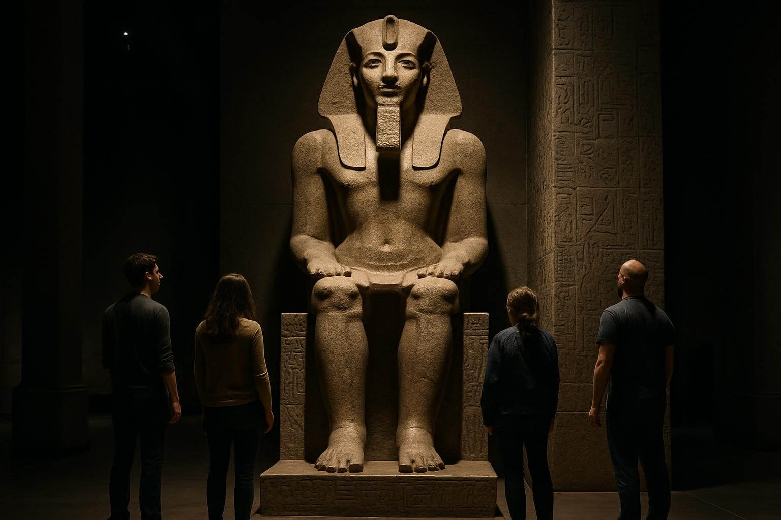 visitors standing in awe before the towering statue of Ramses