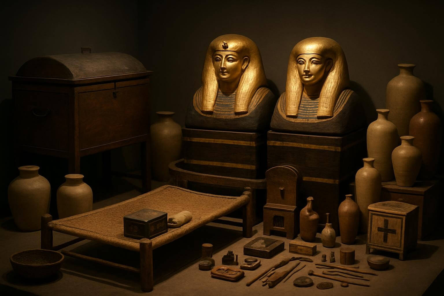 Tomb of Kha and Merit display, showing the golden funerary masks