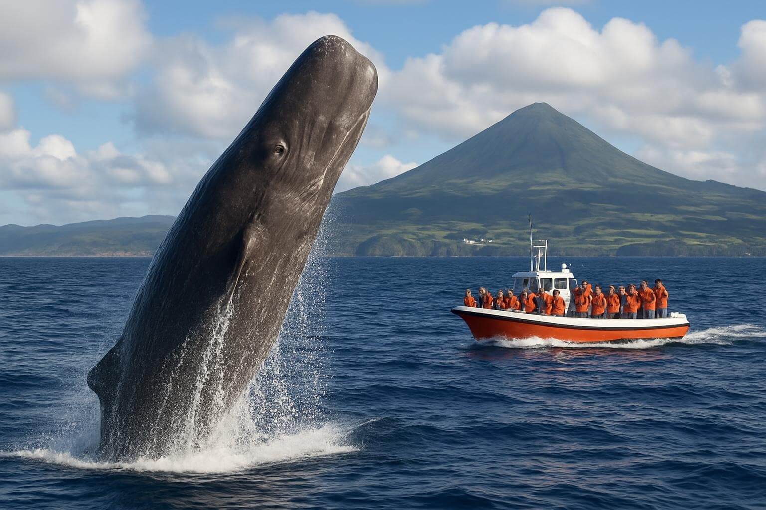 Sperm whale breaching during whale watching tour in Azores with volcanic island backdrop
