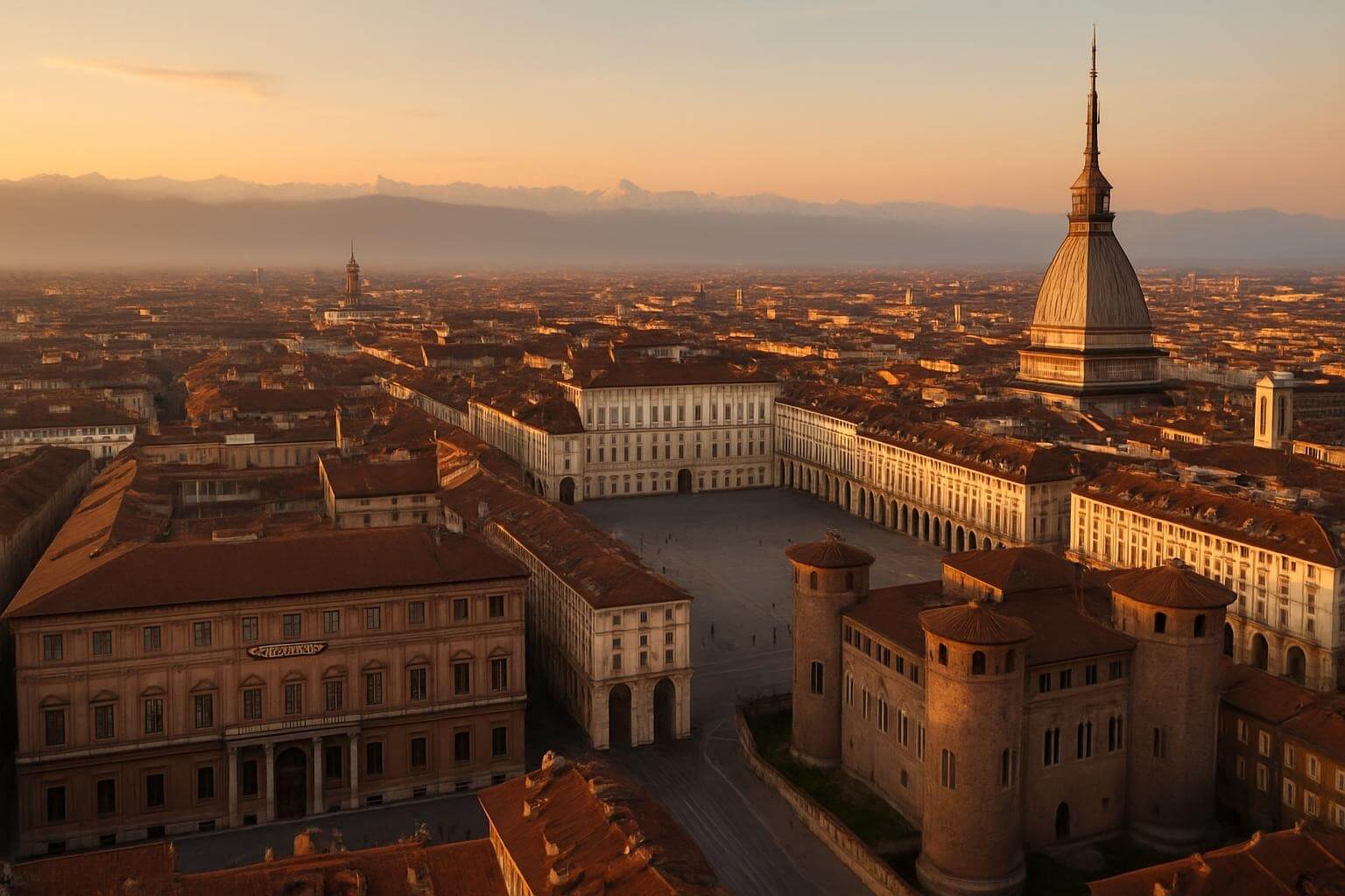Turin's historic center showing the Egyptian Museum, Piazza Castello
