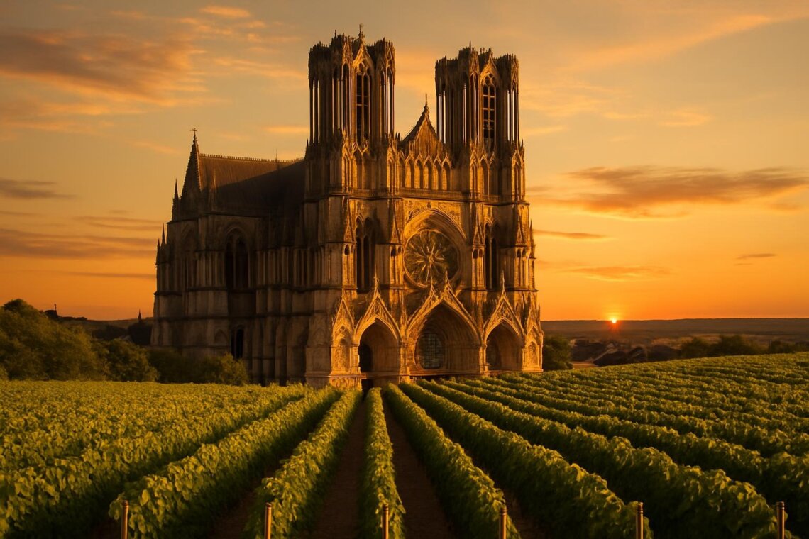 Reims Cathedral (Notre-Dame de Reims) at golden hour, with champagne vineyards stretching into the distance in the foreground