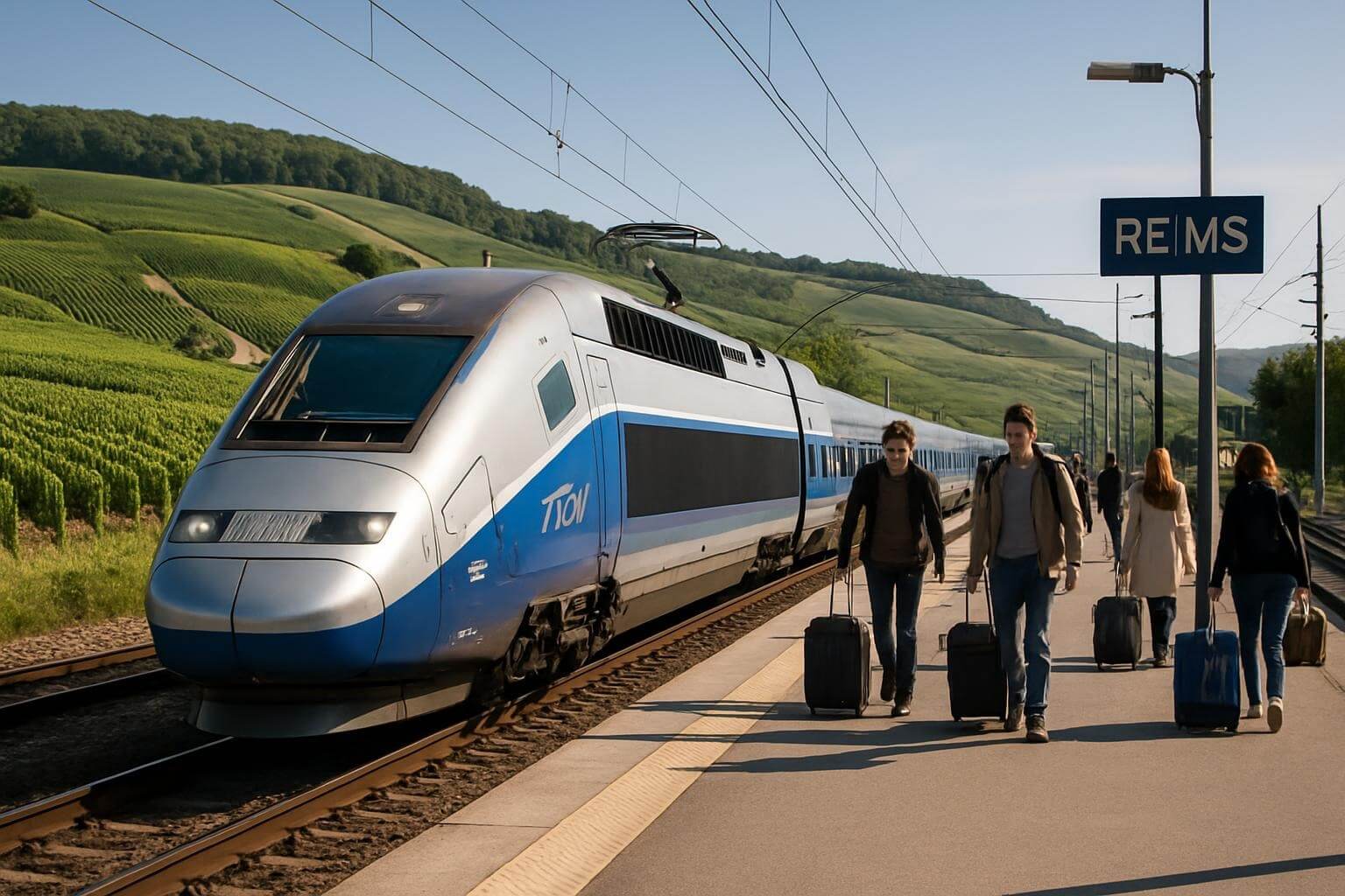 TGV train arriving at Reims train station with champagne vineyards visible in the background
