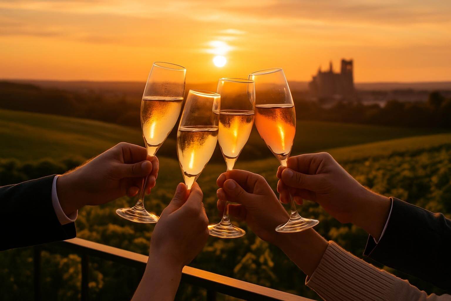 champagne toast taking place on a terrace overlooking the champagne vineyards of Reims at sunset