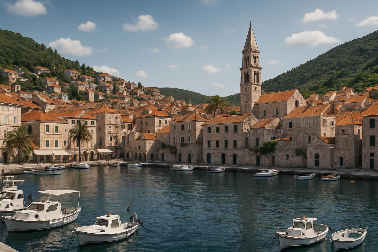 Vis Island's coastline showing traditional Mediterranean architecture of Vis Town