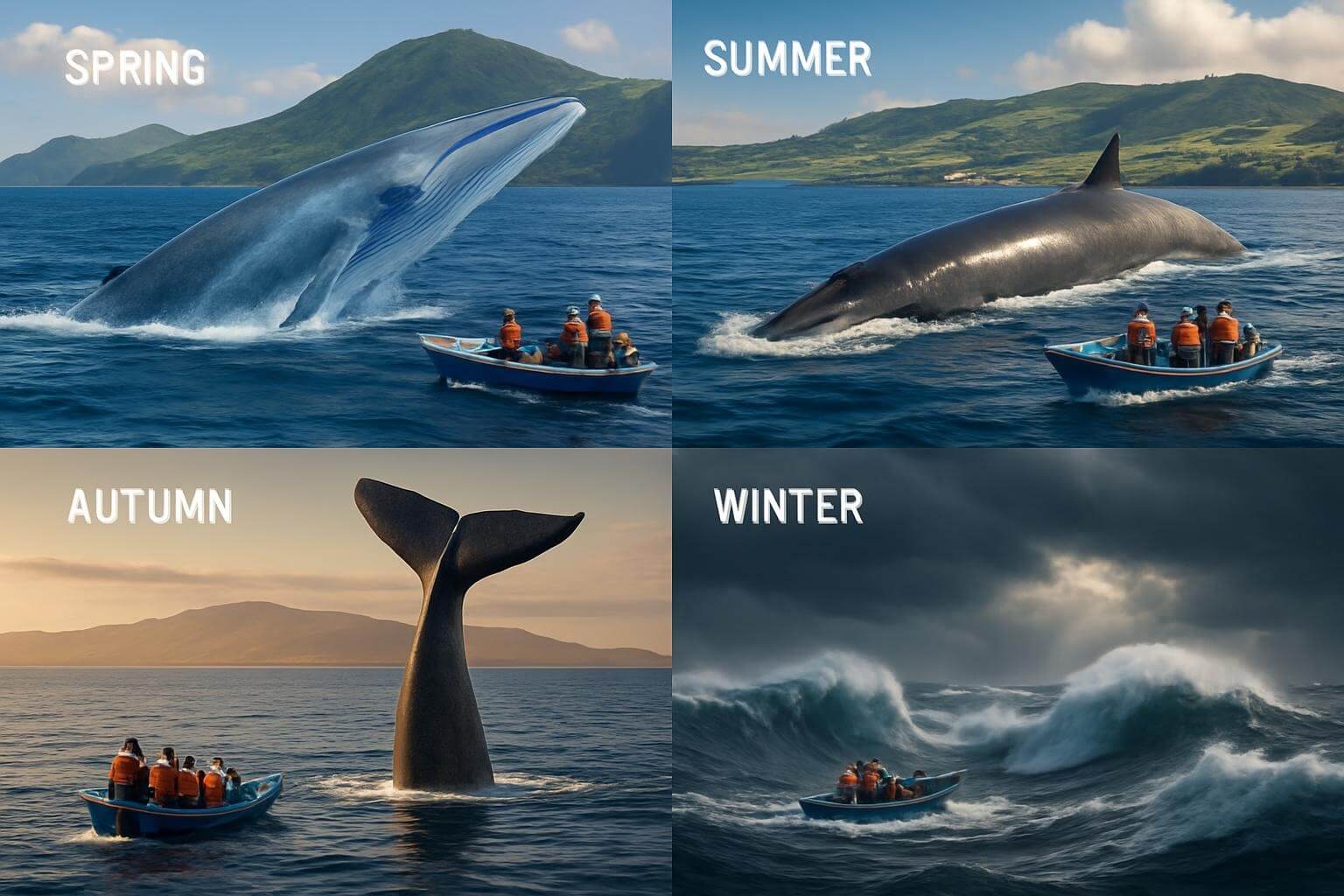 Four seasons of whale watching in Azores showing different species and weather conditions throughout the year
