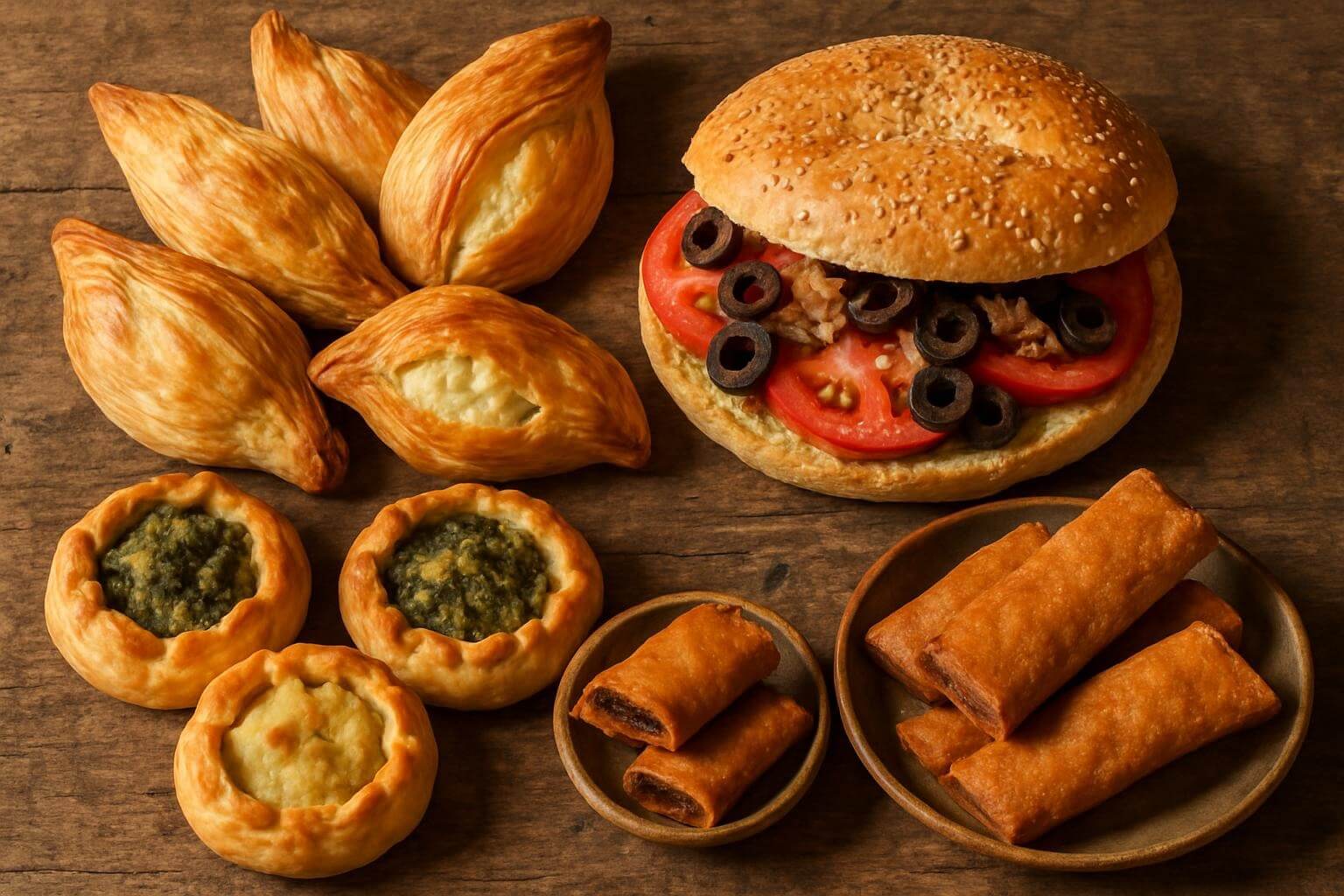 traditional Maltese street foods arranged on rustic wooden surface, pastizzi, ftira, qassatat, and imqaret