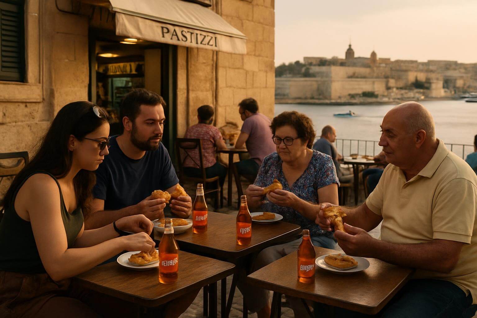 locals enjoying street food at outdoor seating in Valletta, traditional pastizzi and Kinnie drinks