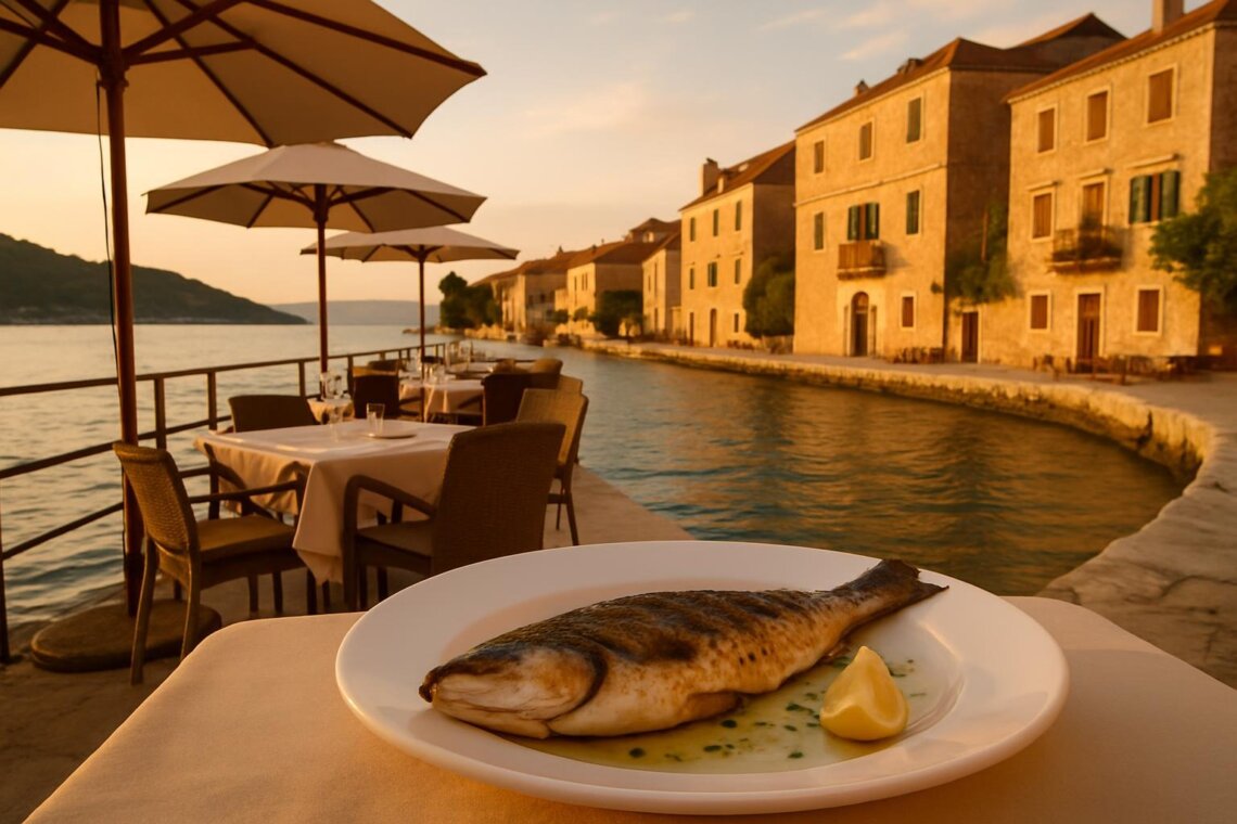 waterfront restaurant terrace in Vis, Croatia at golden hour, with fresh grilled fish