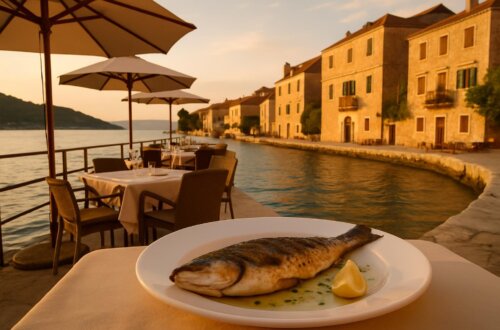 waterfront restaurant terrace in Vis, Croatia at golden hour, with fresh grilled fish