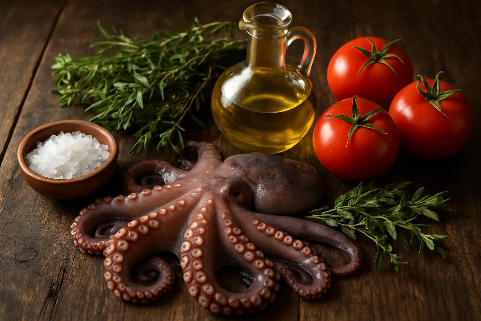 traditional Dalmatian ingredients arranged on a rustic wooden table: fresh octopus, olive oil in a glass bottle, sea salt crystals, wild herbs, and ripe tomatoes