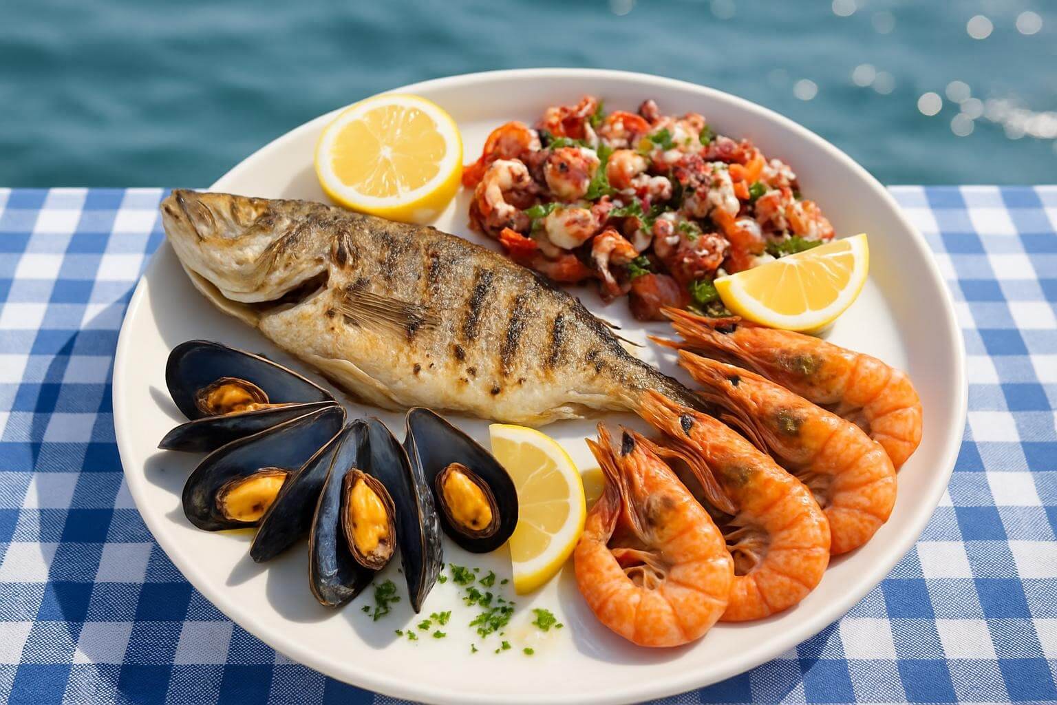 seafood platter on a blue and white checkered tablecloth