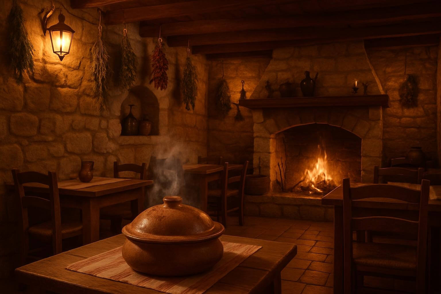 traditional Croatian konoba with stone walls, wooden tables, hanging herbs, and a fireplace