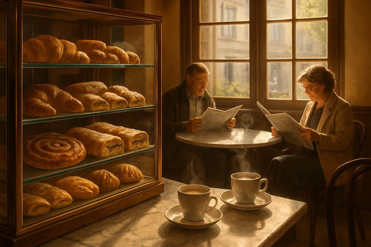 traditional Croatian pastries displayed in a glass case, steaming coffee cups