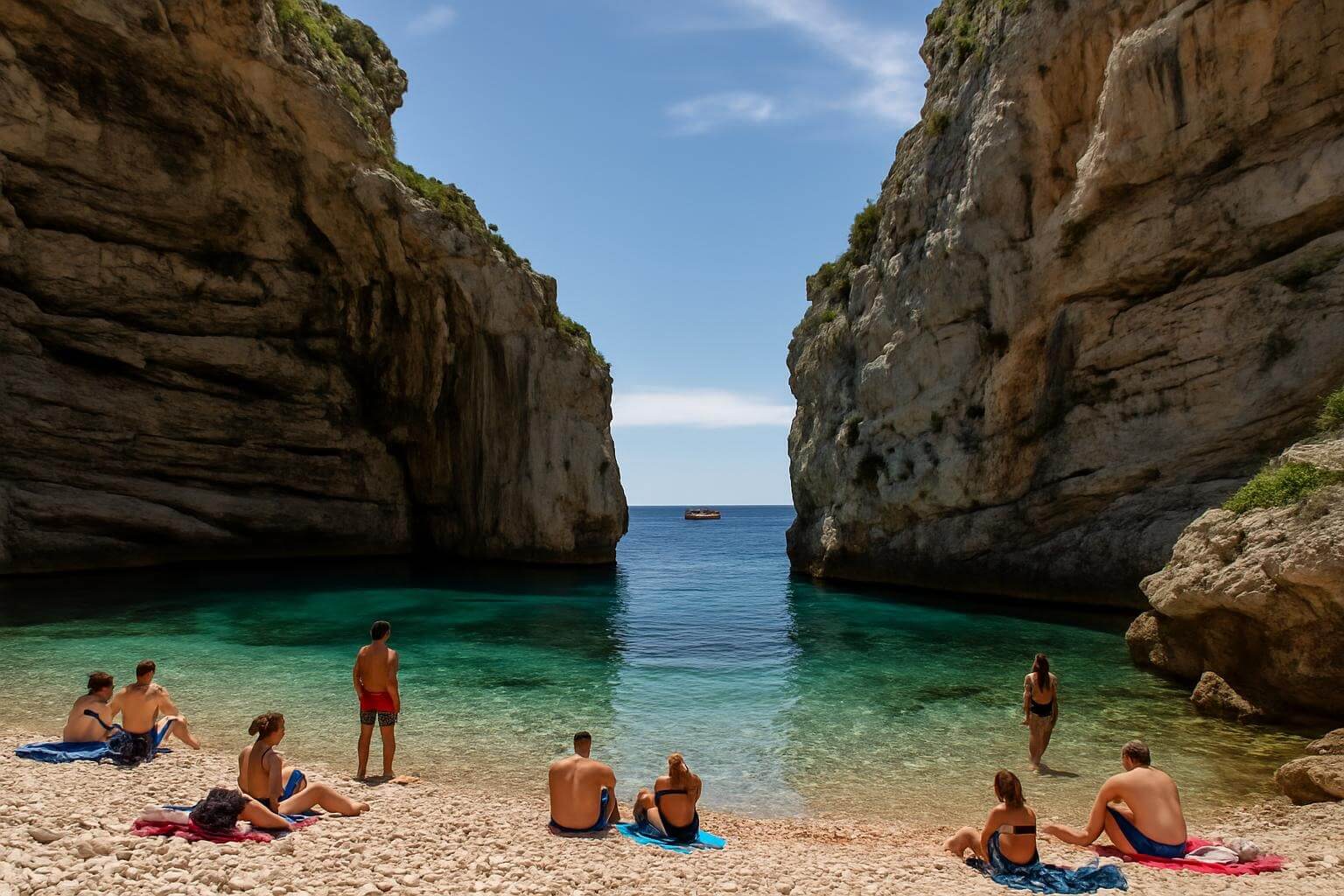 Stiniva Beach looking out through the narrow cliff opening toward the Adriatic Sea