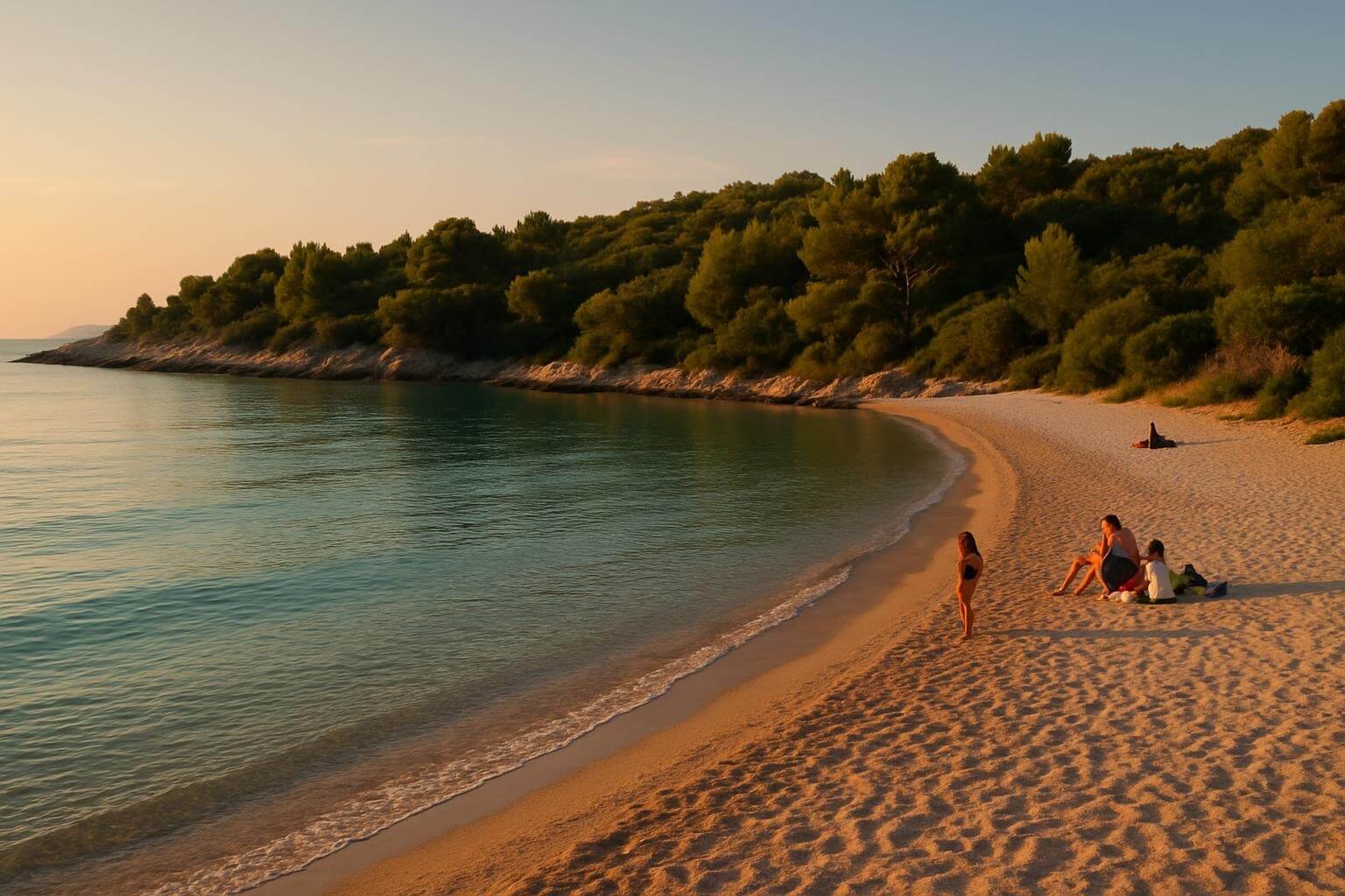 Zaglav Beach during golden hour, showing the expansive sandy stretch