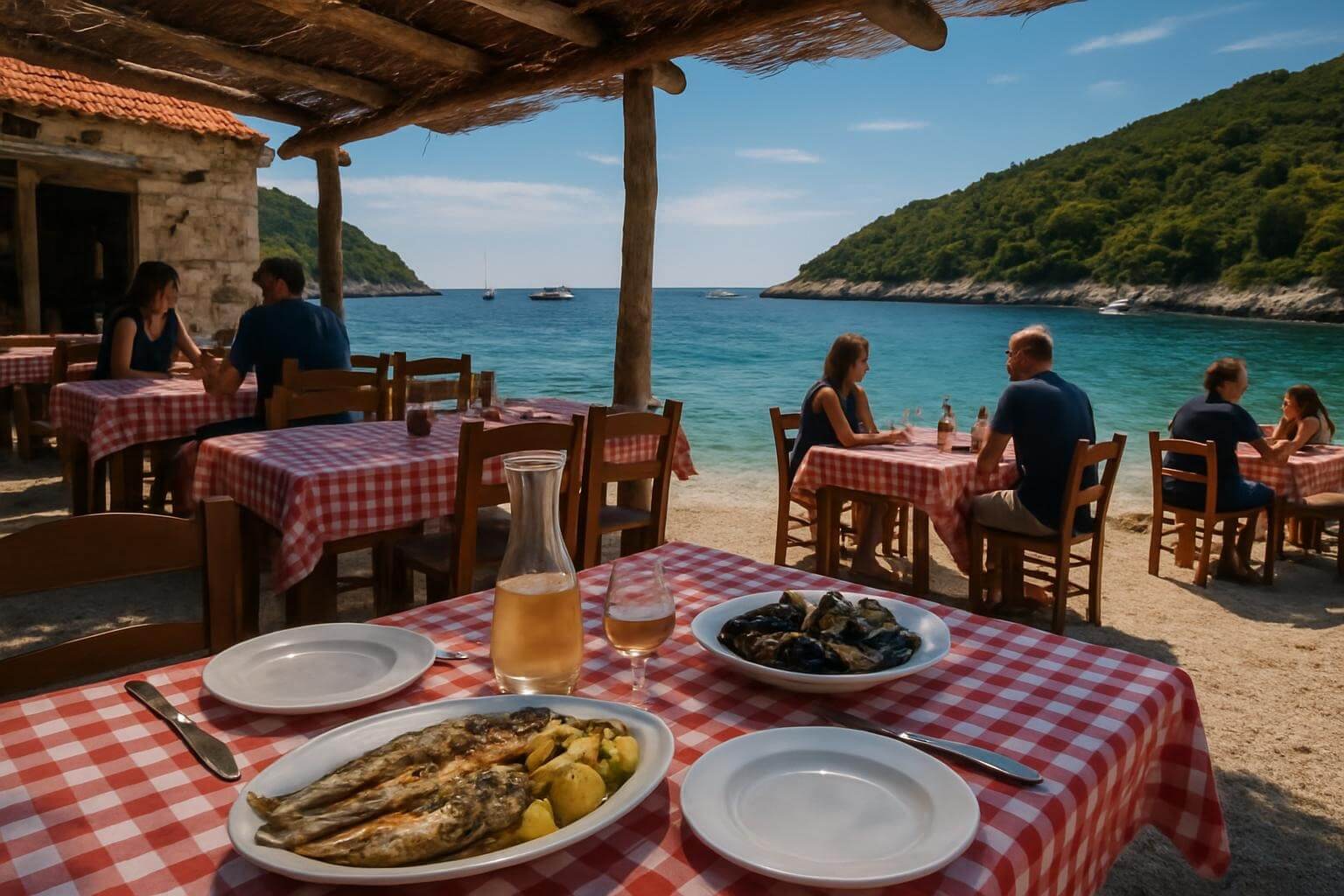 traditional Croatian konoba (tavern) right on a Vis beach, showing outdoor tables with red checkered tablecloths