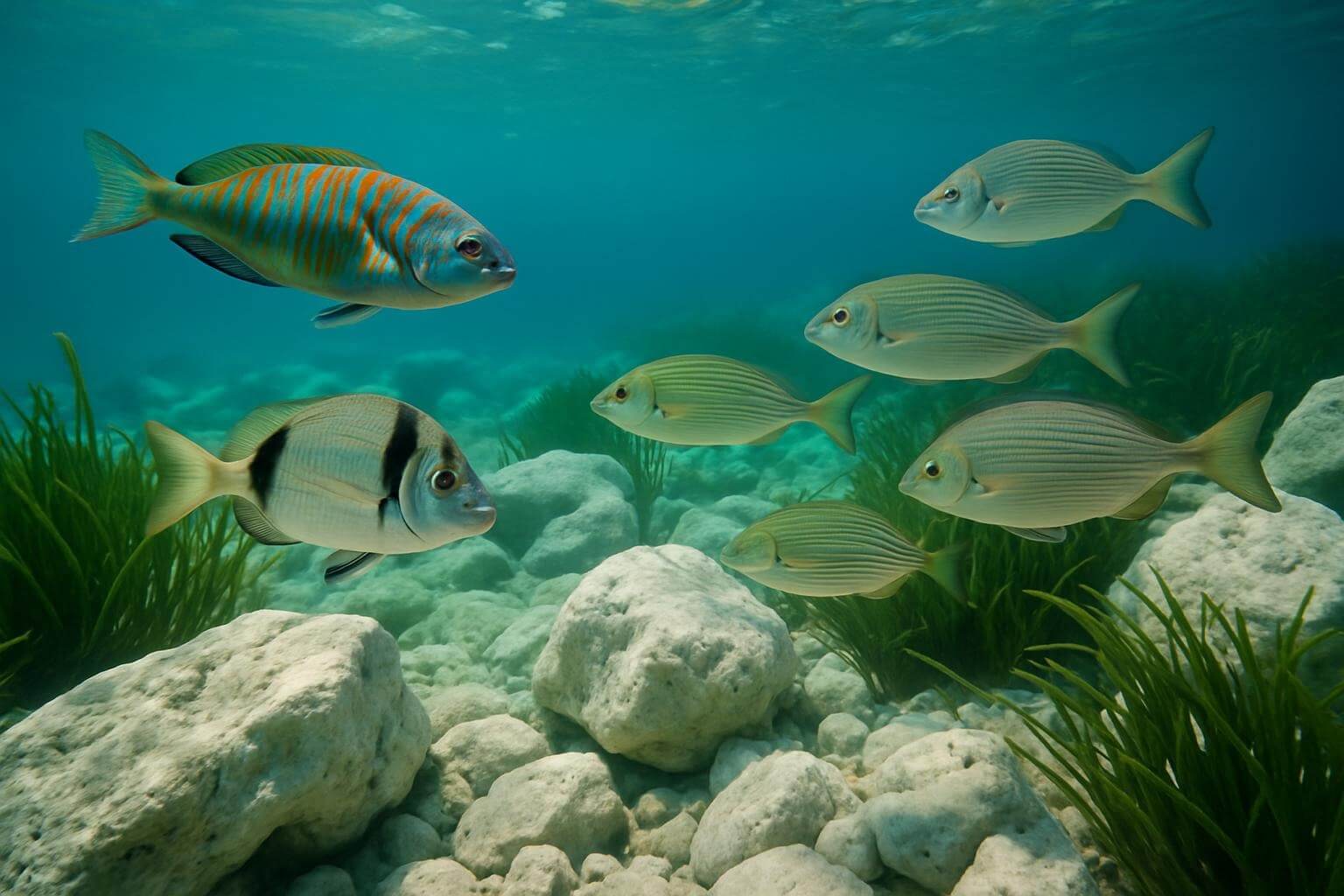 underwater shot near a Vis beach showing crystal-clear Adriatic water,