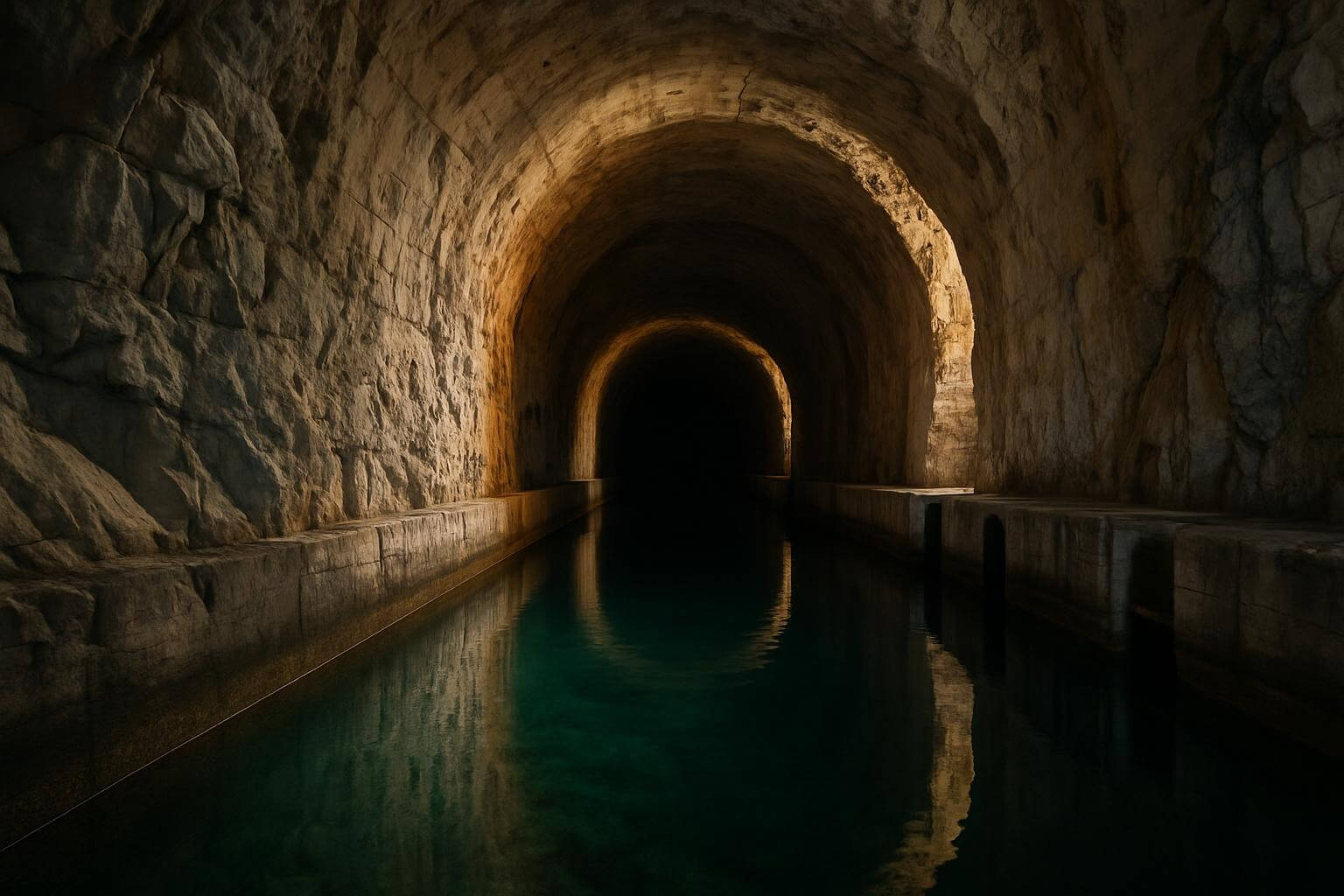Jastog submarine tunnel showing the massive carved limestone walls and ceiling