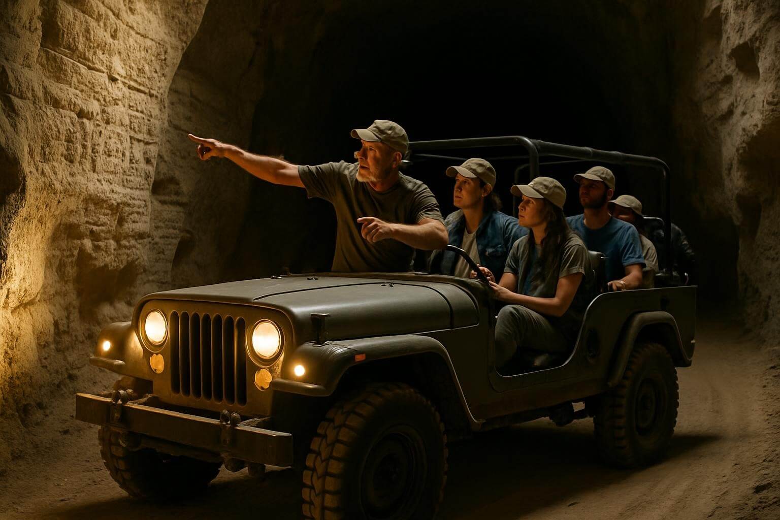 tourists on a military jeep tour driving through a partially lit tunnel