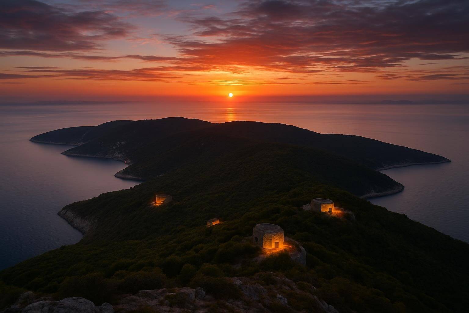 sunset view from Mount Hum showing the entire Vis Island with its hidden military installations marked by subtle lighting