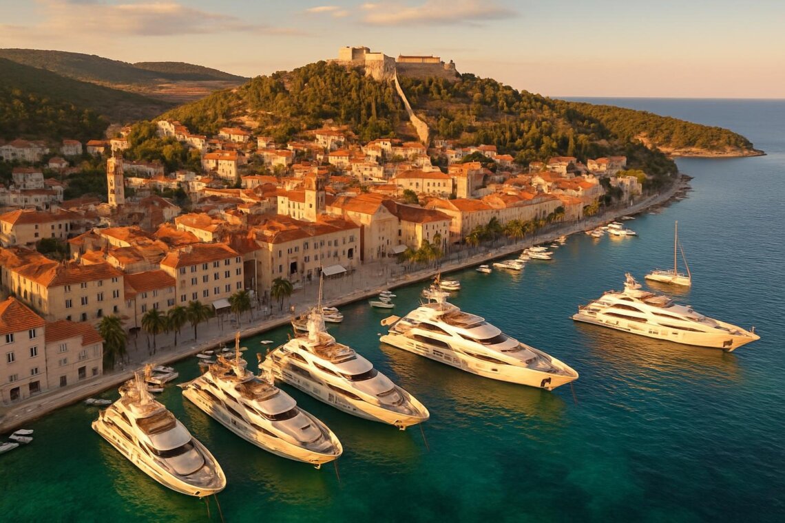 aerial view of Hvar Town harbor at golden hour
