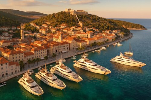 aerial view of Hvar Town harbor at golden hour
