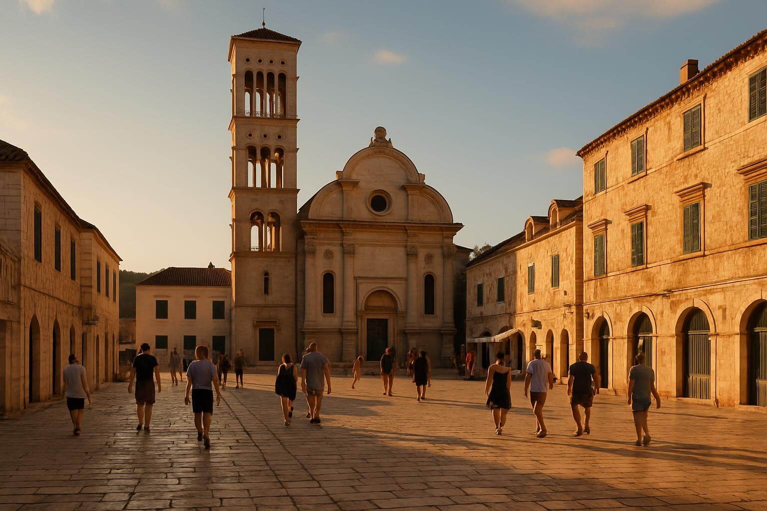 view of Hvar Cathedral's bell tower and the main square