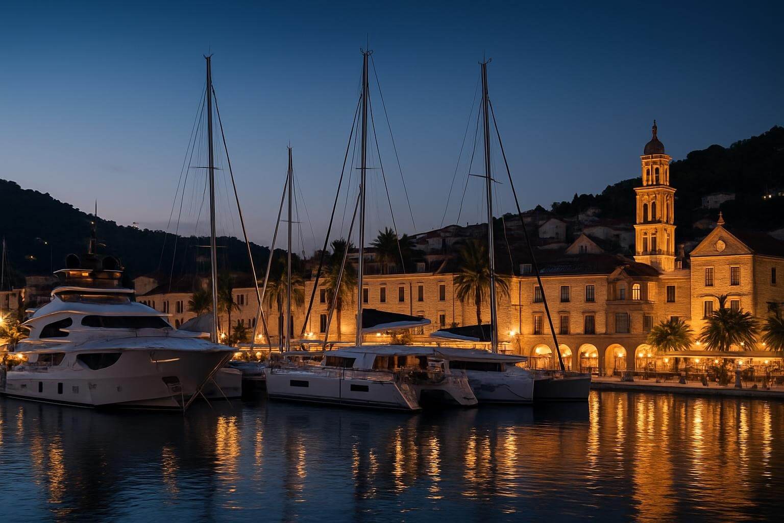 luxury yachts and catamarans anchored in Hvar Town marina during summer evening