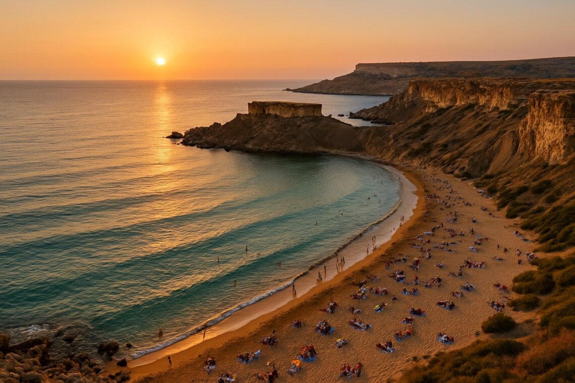 Aerial view of Golden Bay Malta at sunset showing golden sand beach, turquoise Mediterranean waters, limestone cliffs, and tourists enjoying Malta's most famous beach